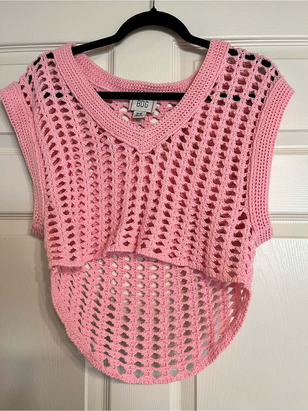BDG Light Pink Open-Knit V-Neck Cropped Sweater Vest